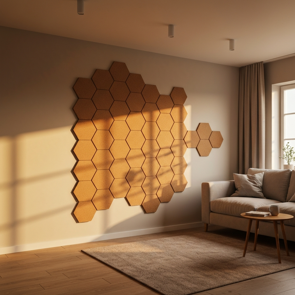 Modern living room corner with Adhesive Hexagon Thick Cork Board Wall Tiles - 290mm x 250mm - 10mm Thick - 6 Pack, arranged in a stylish honeycomb pattern, offering soundproofing and acoustic insulation.