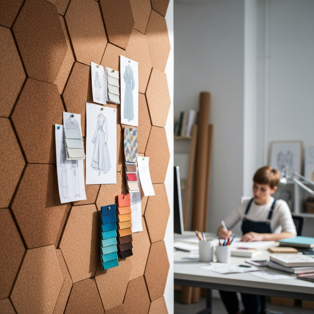 Adhesive Hexagon Thick Cork Board Wall Tiles - 290mm x 250mm - 10mm Thick - 6 Pack featured with pinned fashion sketches and fabric swatches, ideal for stylish soundproofing and acoustic insulation in creative spaces.
