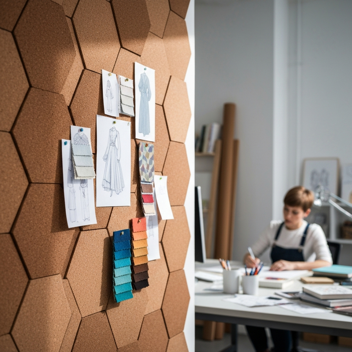 Adhesive Hexagon Thick Cork Board Wall Tiles - 290mm x 250mm - 10mm Thick - 6 Pack featured with pinned fashion sketches and fabric swatches, ideal for stylish soundproofing and acoustic insulation in creative spaces.