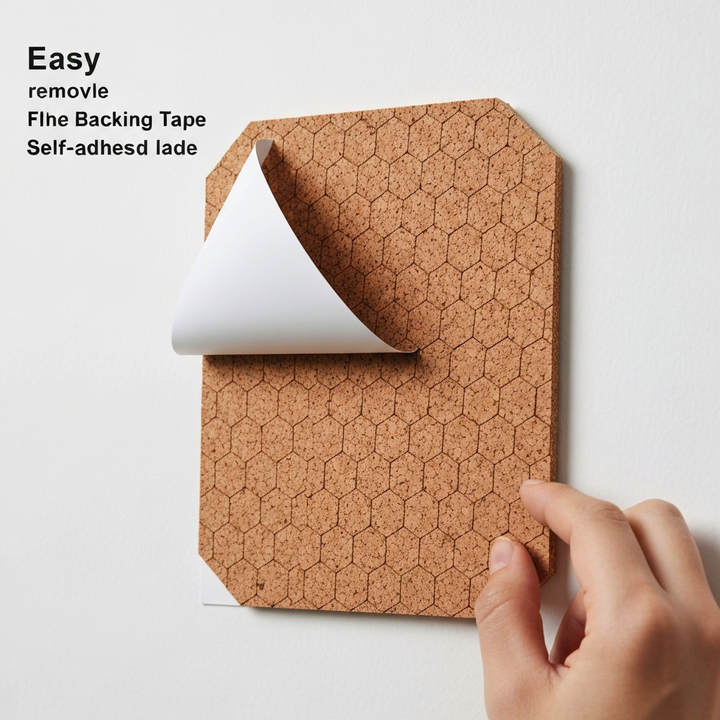 Adhesive Hexagon Thick Cork Board Wall Tiles - 290mm x 250mm - 10mm Thick - 6 Pack shown being applied, showcasing soundproof acoustic qualities with self-adhesive backing, ideal for noise reduction and sound insulation.