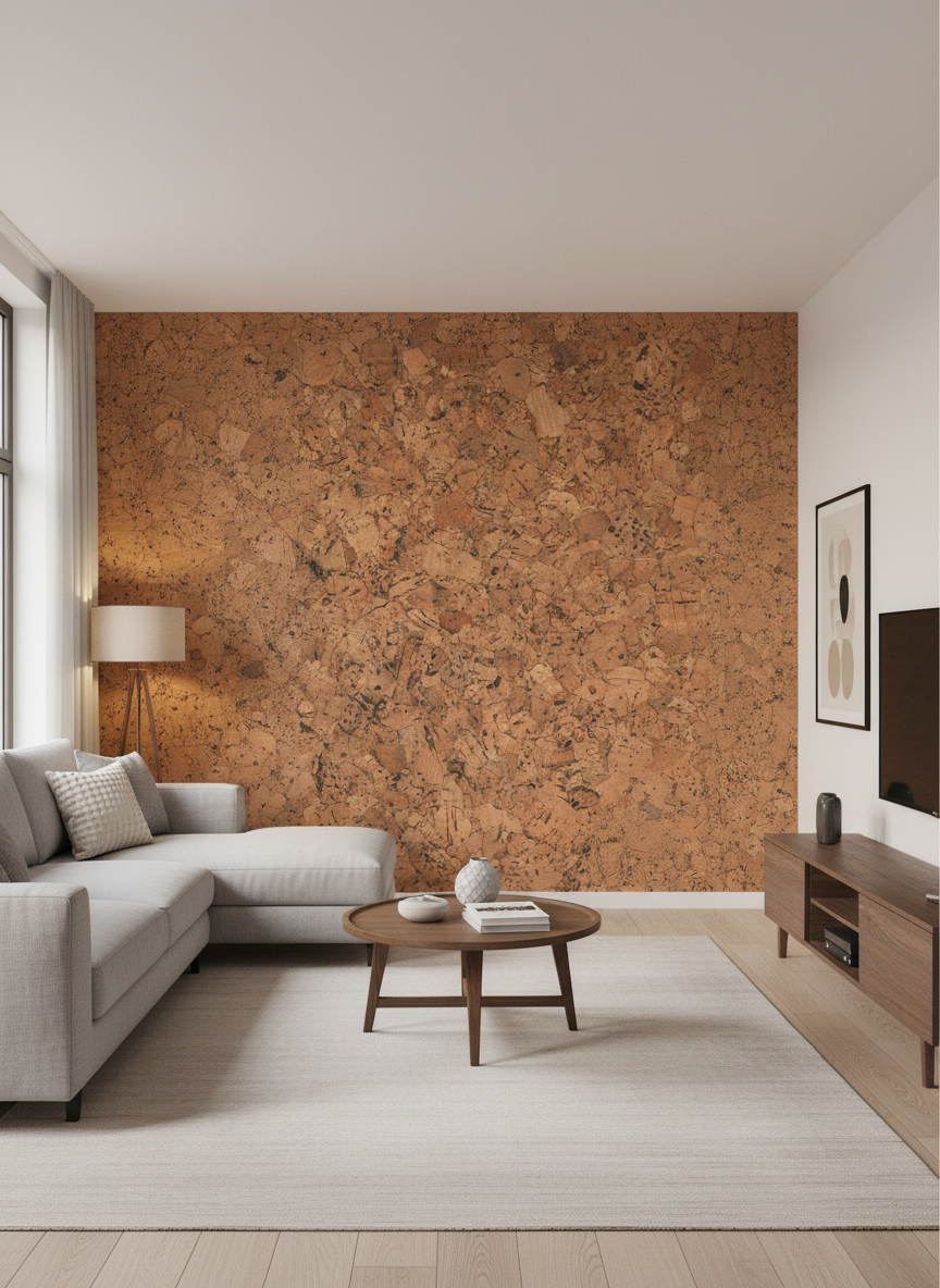 Country Patterned Cork Wall Tiles in a modern living room, showcasing their soundproof and acoustic benefits as a decorative accent wall. Ideal for noise reduction and sound insulation. Pack of 11 tiles, 1.98m² coverage.