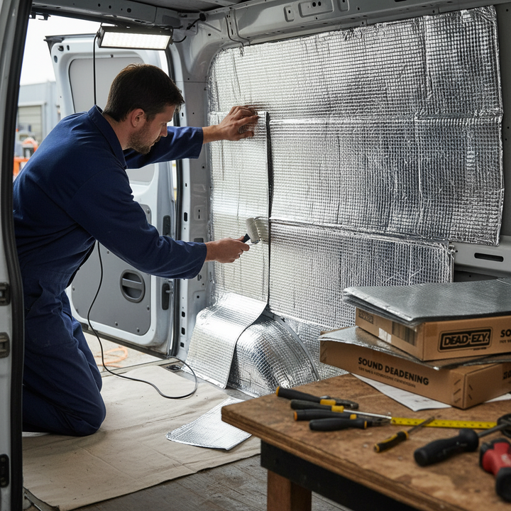 Technician installs Premium Self-Adhesive Sound Deadening Material - 20 Sheets, Butyl Construction, in van, using hand roller. Boxes labeled Sound Deadening and tools visible, demonstrating noise reduction and acoustic insulation.