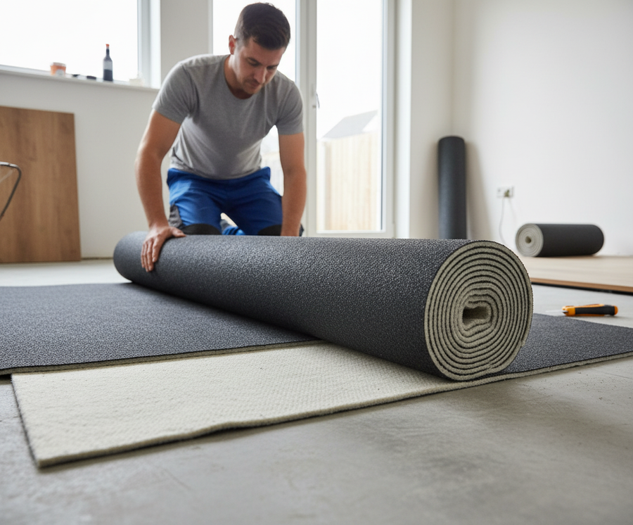 Man kneeling, installing Premium Acoustic Carpet Underlay – 11mm Thickness, 10m² Coverage, Superior Comfort and Noise Reduction, showcasing its soundproof and acoustic benefits for effective noise reduction and thermal insulation.