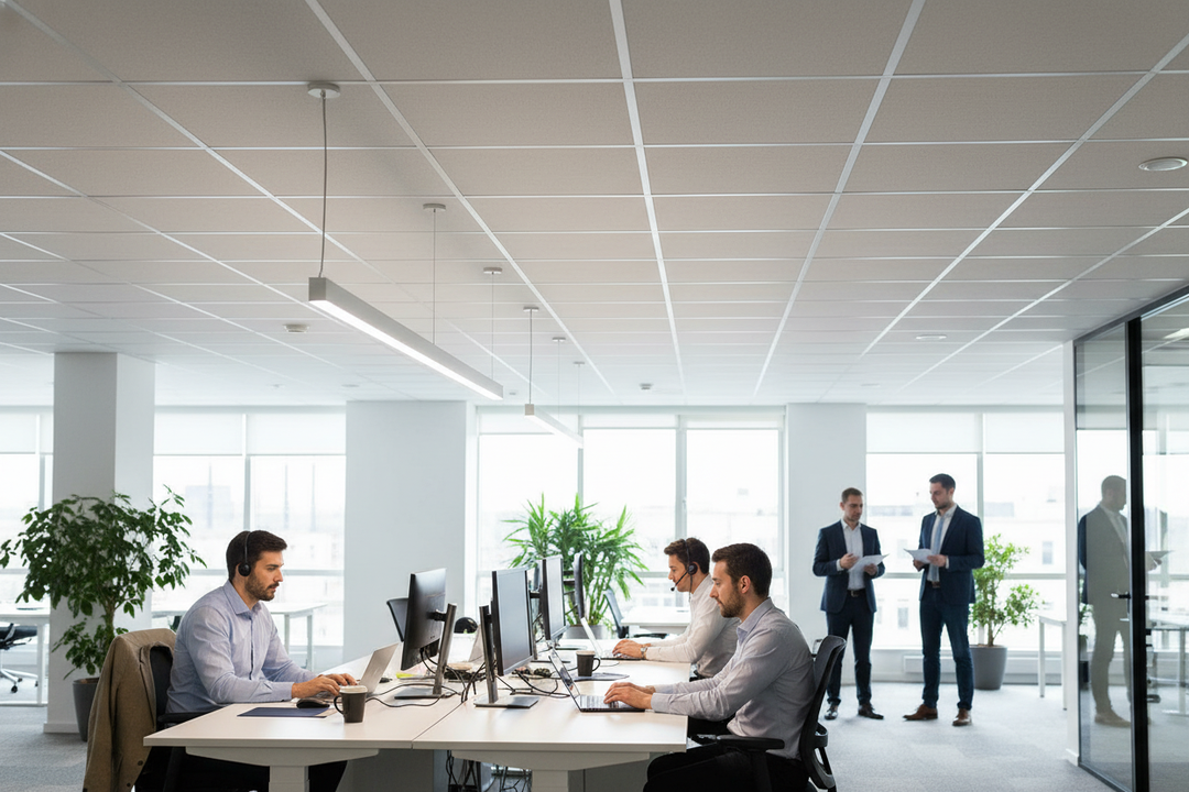 Premium Acoustic Tile for Sound Reduction 600mm x 600mm in an open-plan office, showcasing high-performance noise control, ideal for soundproofing and acoustic insulation, with natural light and collaborative workspace in view.