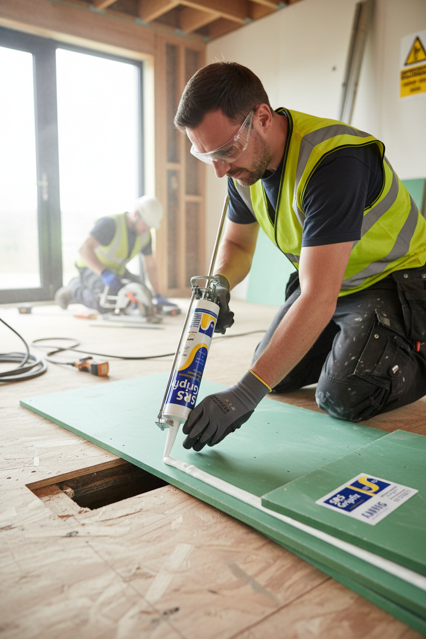 High-Performance Multi-Purpose Gap-Filling Adhesive for Interior and Exterior Use - 310ml, used by a tradesman applying it on green plasterboard, ideal for soundproofing, acoustic insulation, and noise reduction applications.