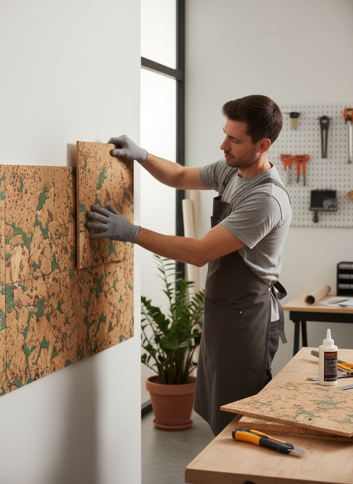 Man in gray T-shirt installs Premium Green Patterned Wall Tiles 600mm x 300mm - 3mm Thick for 1.98m2 Coverage, ideal for soundproofing and noise reduction, with tools and adhesive on nearby table.