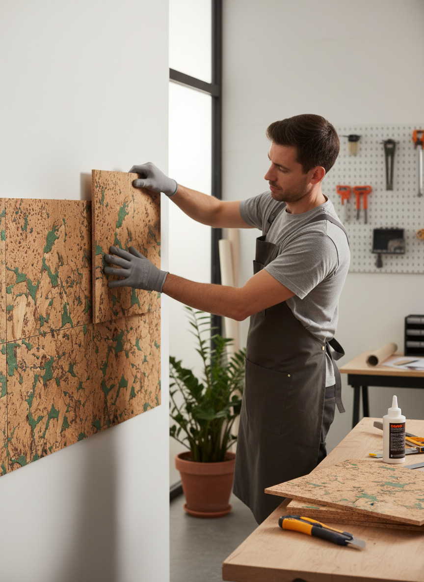 Man in gray T-shirt installs Premium Green Patterned Wall Tiles 600mm x 300mm - 3mm Thick for 1.98m2 Coverage, ideal for soundproofing and noise reduction, with tools and adhesive on nearby table.