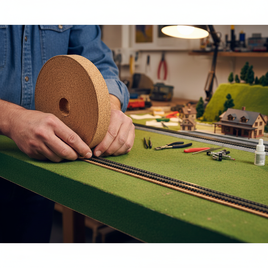 Premium Model Railway Cork Track Underlay Roll 10 Meter Long x 30mm x 4mm Thick is shown in use at a hobby workbench, providing soundproof and acoustic noise reduction for model railway stability.