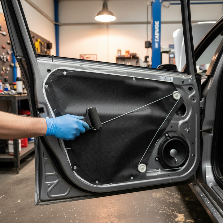 Premium 4-Layer Soundproofing Material for Vehicles: A gloved hand uses a roller to install the sound-insulating sheet on a car door, showcasing window-regulator cables, a speaker, and workshop tools.