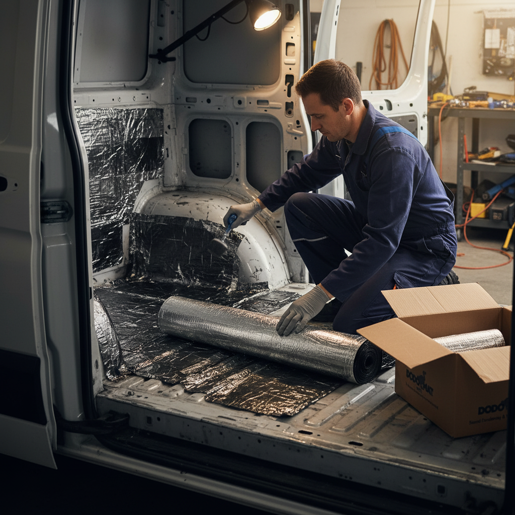 Technician installs Premium Sound Deadening and Insulation Kit for Medium Vans, enhancing acoustic insulation and noise reduction in a van's cargo bay with foil-faced mats for soundproofing and temperature regulation.