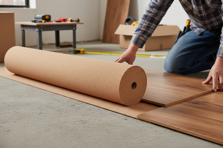Premium Natural Cork Underlay Roll - 4m x 1m - Versatile Thickness Options for Laminate Flooring and More being installed, demonstrating its soundproof and acoustic benefits over a concrete subfloor, enhancing noise reduction and sound insulation.
