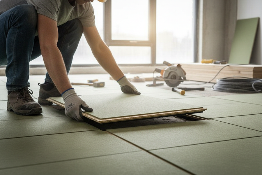 High-Performance Acoustic Floor Board Panel 33 - 33mm Thick, 2.4m x 0.6m for Superior Soundproofing being installed by a tradesperson, highlighting its soundproof, acoustic, and noise reduction capabilities.