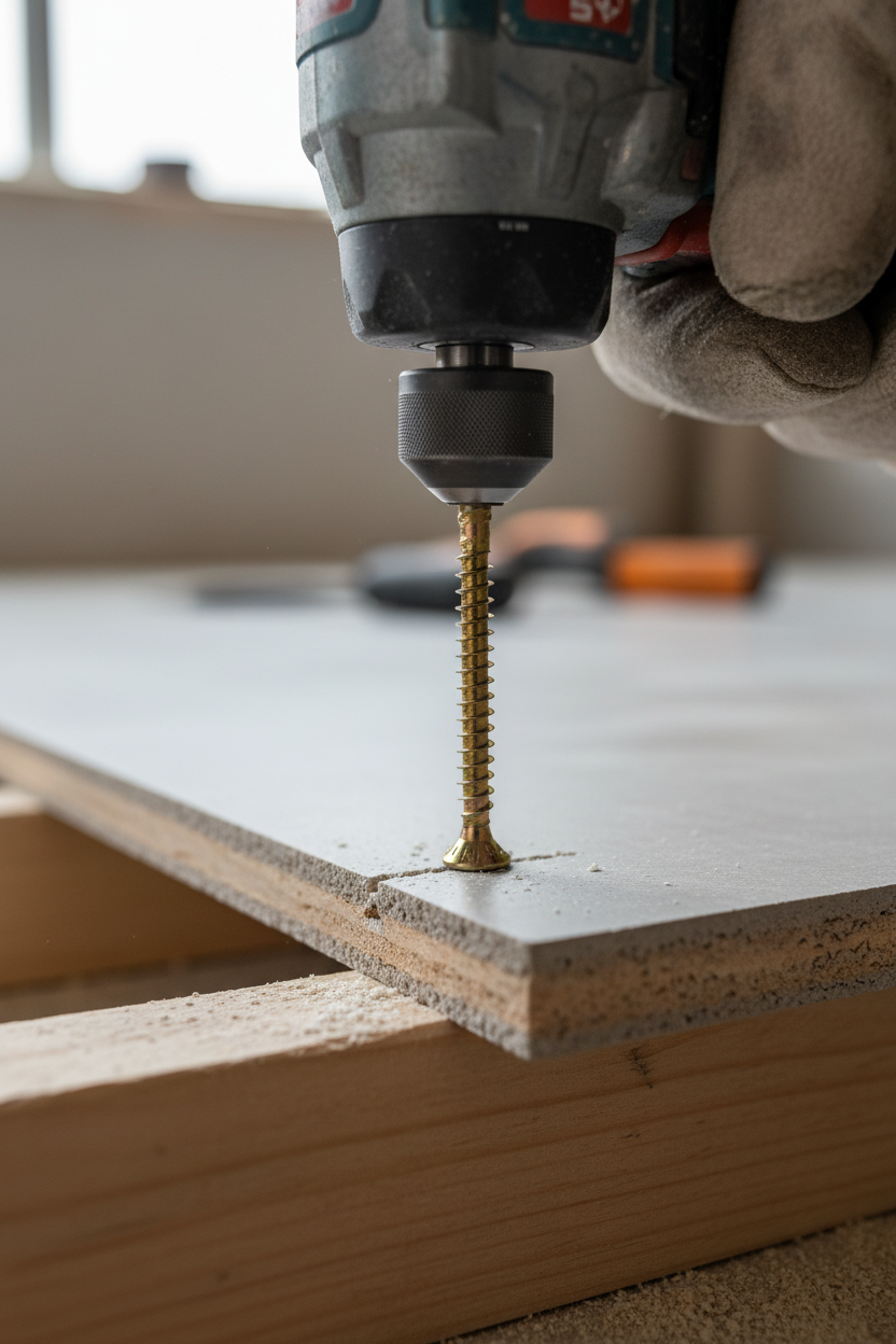 Premium Self-Drilling 50mm Screws with Torx Drive in use, driving into engineered wood. Ideal for cement tile backer boards, offering soundproof and acoustic benefits with galvanised corrosion resistance. Perfect for noise reduction projects.
