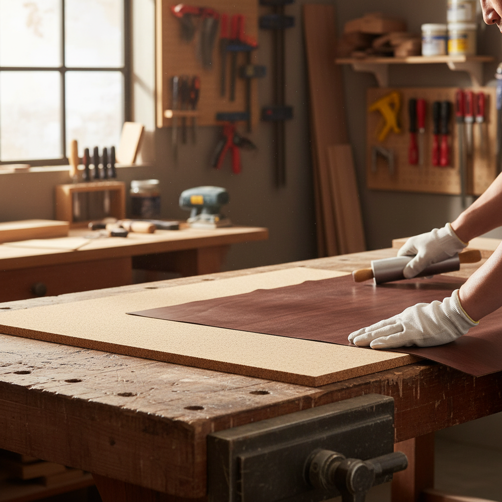 Premium Fine Grain Non-Adhesive Cork Sheets - 915mm x 610mm - 18mm Thick - Pack of 2, shown being smoothed onto a workbench, ideal for acoustic insulation and noise reduction projects in woodworking settings.