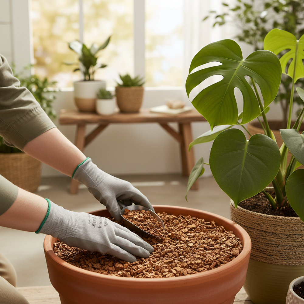 Gloved hands potting with Premium Cork Granules 12 Litres - 3-35mm Granule Size, Density 150-200kg/m³, ideal for soundproofing and acoustic insulation in construction and modeling applications.