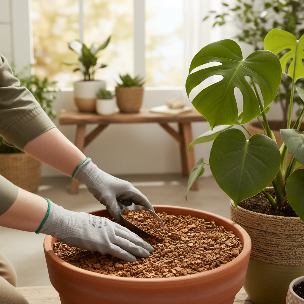 Gloved hands potting with Premium Cork Granules 12 Litres - 3-35mm Granule Size, Density 150-200kg/m³, ideal for soundproofing and acoustic insulation in construction and modeling applications.