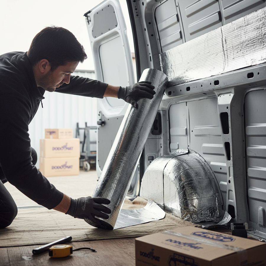 Installer kneeling in van fitting Premium Medium Van Sound Deadening and Insulation Kit with 10mm Liner and 2mm Deadening, enhancing soundproofing, acoustic insulation, and noise reduction for improved comfort and performance.