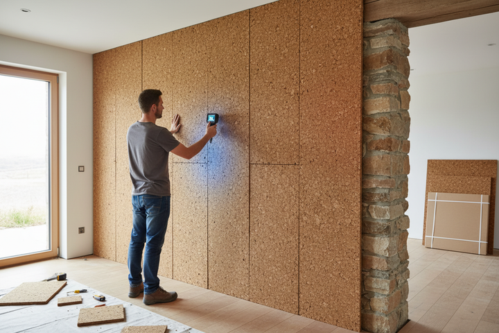 Man using a tool against wall clad with Premium Insulation Cork Board Pack of 12 Sheets - 1000mm x 500mm, 25mm Thick for 6m² Coverage, ideal for soundproofing and acoustic insulation. Nearby, cork tiles and tools are visible.