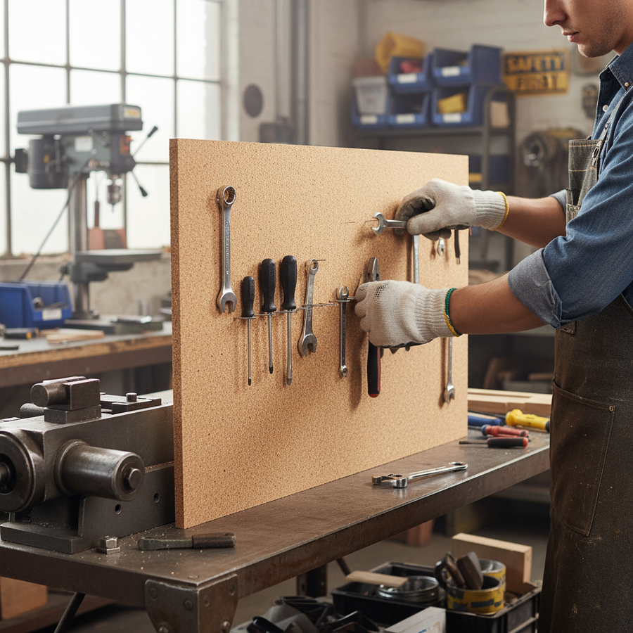 Gloved hands organize tools near a workbench with a pegboard; Premium Fine Grain Adhesive Cork Sheets - 915mm x 610mm - 7mm Thick - 2 Pack are visible, ideal for acoustic insulation and soundproofing.