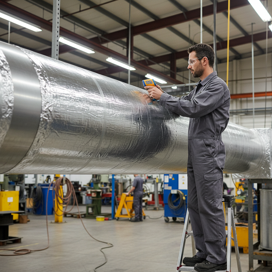 Man in grey coveralls uses an infrared temperature gun on a large, foil-insulated pipe, demonstrating the Premium Self-Adhesive Insulation Roll 5mm Thick for soundproofing and acoustic comfort in vehicles.