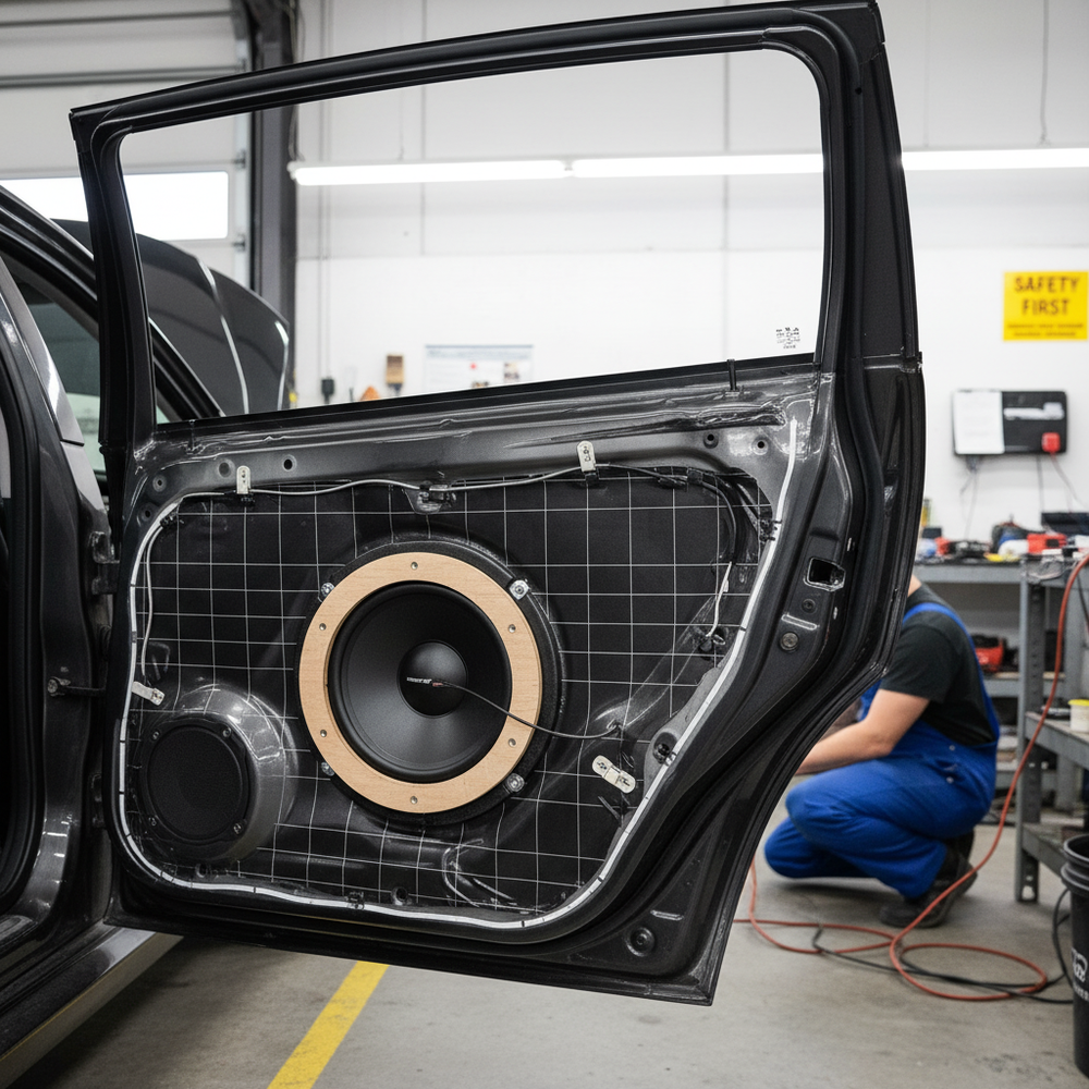 Inside a car door, the Premium 2mm Sound Deadening Mat - Self-Adhesive, High-Performance Vibration Dampener for Van Conversions is mounted, illustrating its soundproof and acoustic noise reduction capabilities.