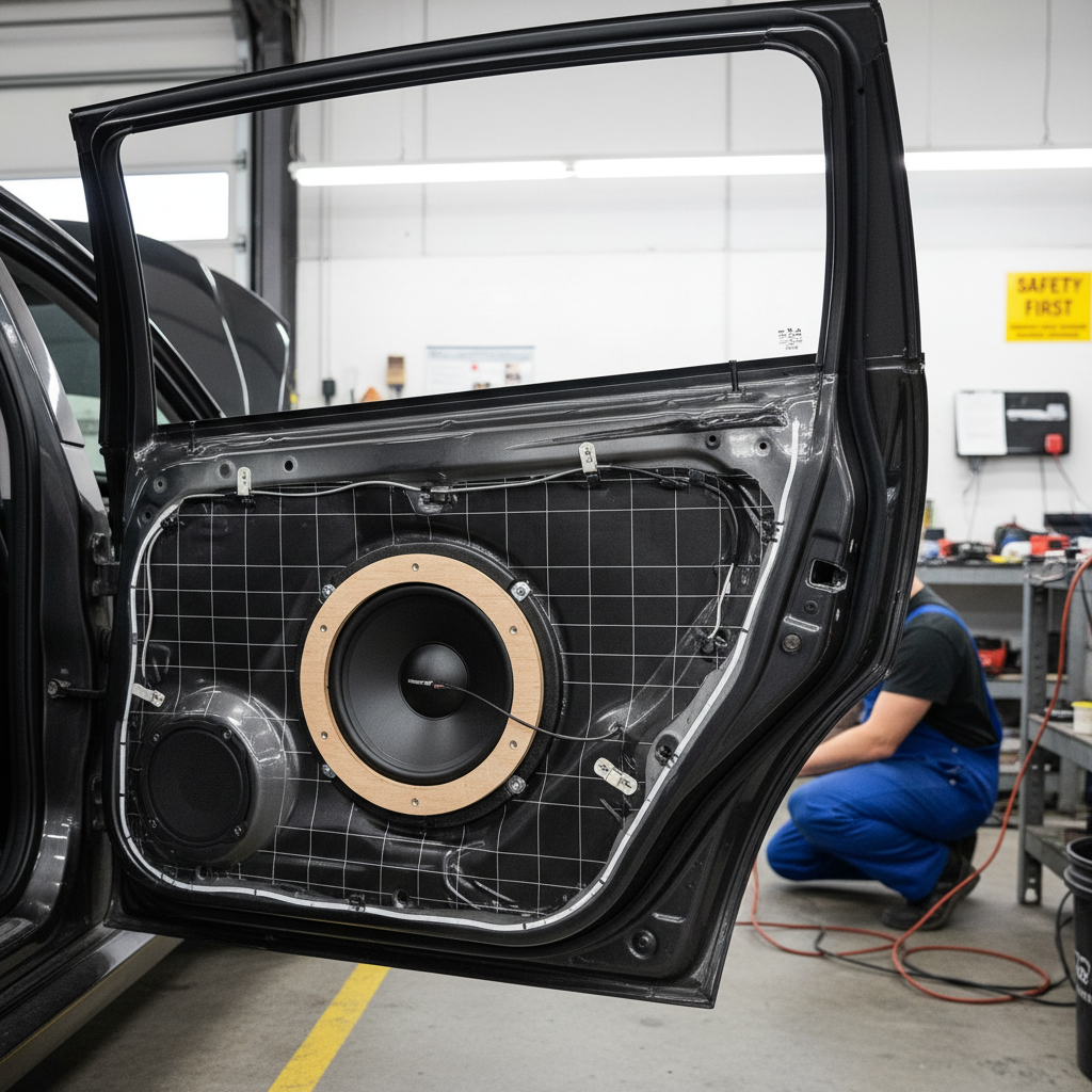 Inside a car door, the Premium 2mm Sound Deadening Mat - Self-Adhesive, High-Performance Vibration Dampener for Van Conversions is mounted, illustrating its soundproof and acoustic noise reduction capabilities.