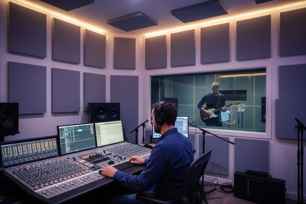 Sound engineer using mixing console in studio with Premium Acoustic Absorption Panels for Noise Reduction in Restaurants, Cafes, Schools, and Community Halls, shown on walls for superior soundproofing and acoustic clarity.