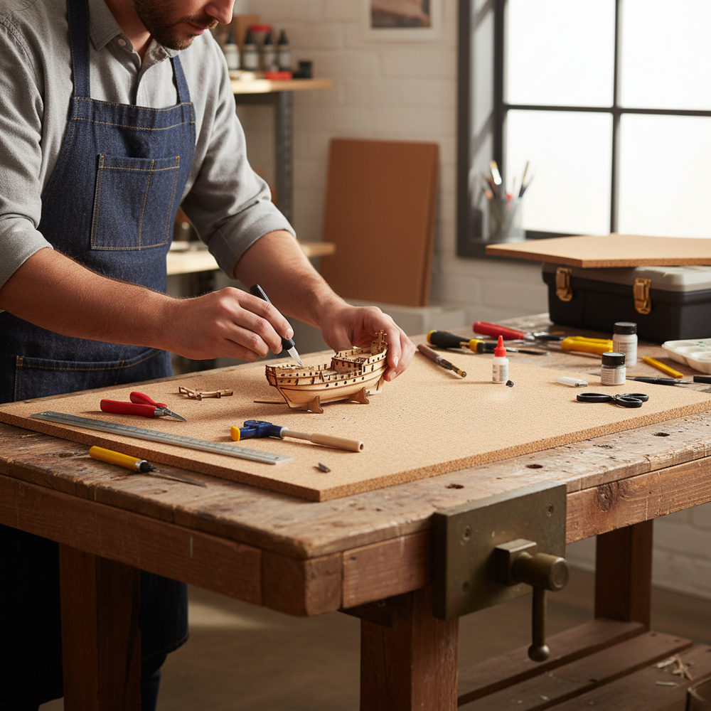 Person in denim apron assembles a wooden model ship in a workshop. Premium Fine Grain Adhesive Cork Sheet - 610mm x 450mm - 7mm Thick - Pack of 4 ideal for acoustic wall coverings and pinboards.