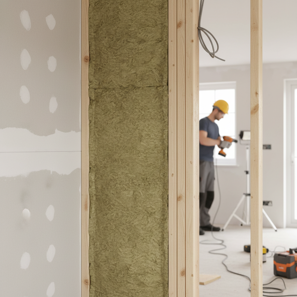 Premium Acoustic Insulation Sound Slab 100mm for Noise Reduction in Walls and Floors, visible as greenish mineral-wool insulation in a partially built partition wall, offering effective soundproofing from adjacent rooms.