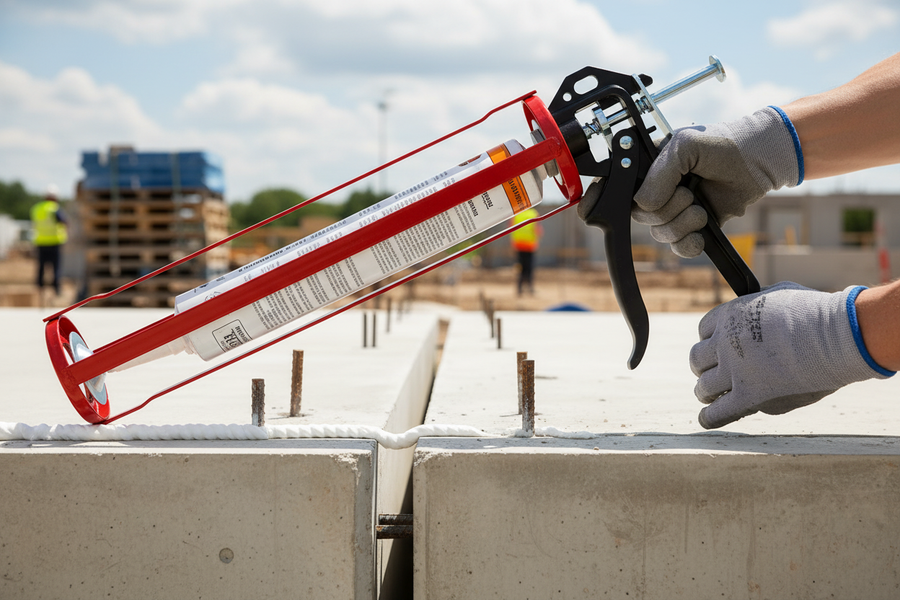 Worker applies white sealant with Premium Jumbo Sealant Gun for 900ml Acoustic Sealant, featuring heavy-duty design and swivel action, enhancing soundproofing and noise reduction at a construction site.