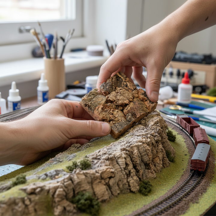 Premium Extra Large Cork Bark for Model Railways - 150mm x 150mm, Easy to Cut with Flat Back Surface; shown being fitted into a model railway setup, ideal for enhancing acoustic and soundproof detailing.
