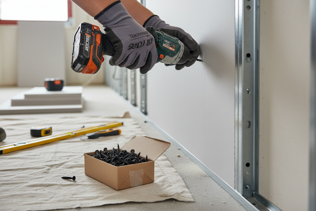 High-Performance Maxi HP Screws 3.9mm x 30mm - Ideal for Gypsum Fibreboard Installation, Box of 1000. Image shows gloved hands using a cordless drill to install soundproof drywall, emphasizing noise reduction and acoustic insulation.