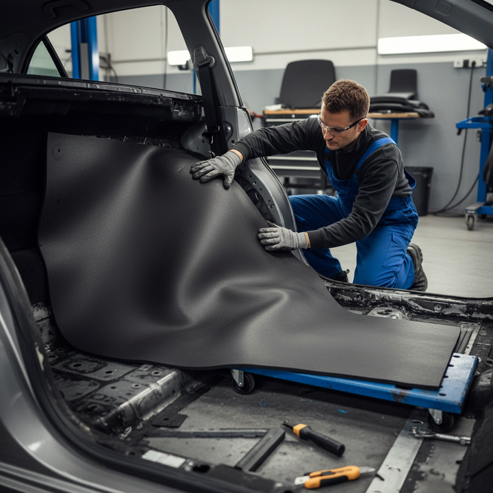 Technician installing Premium Noise Isolator 10mm - Pack of 6 Sheets for Noise and Thermal Isolation with Adhesive Layer in car trunk, showcasing soundproofing and acoustic insulation benefits for effective noise reduction.