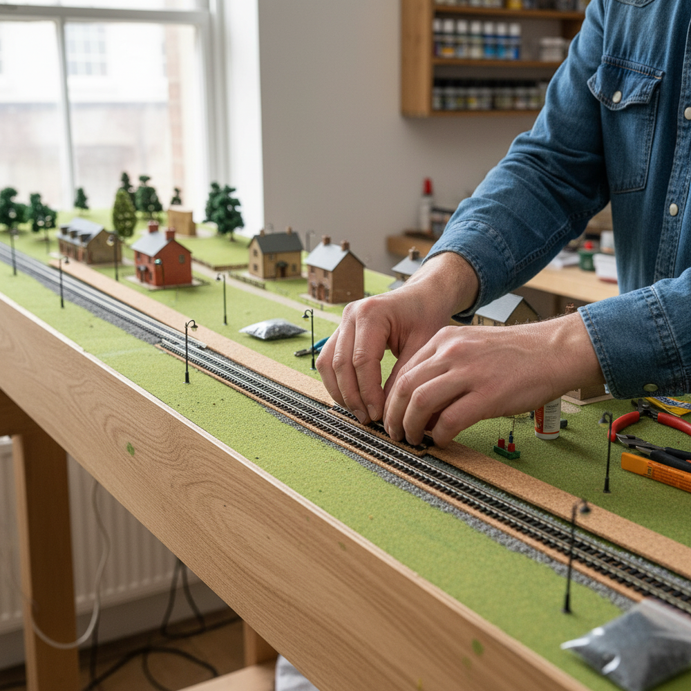 Hands laying Professional Model Railway Cork Track Underlay Roll - 10 Meters Long, 2mm Thick on a green-felt baseboard, surrounded by model houses and tools, illustrating soundproofing and stability benefits for railway layouts.