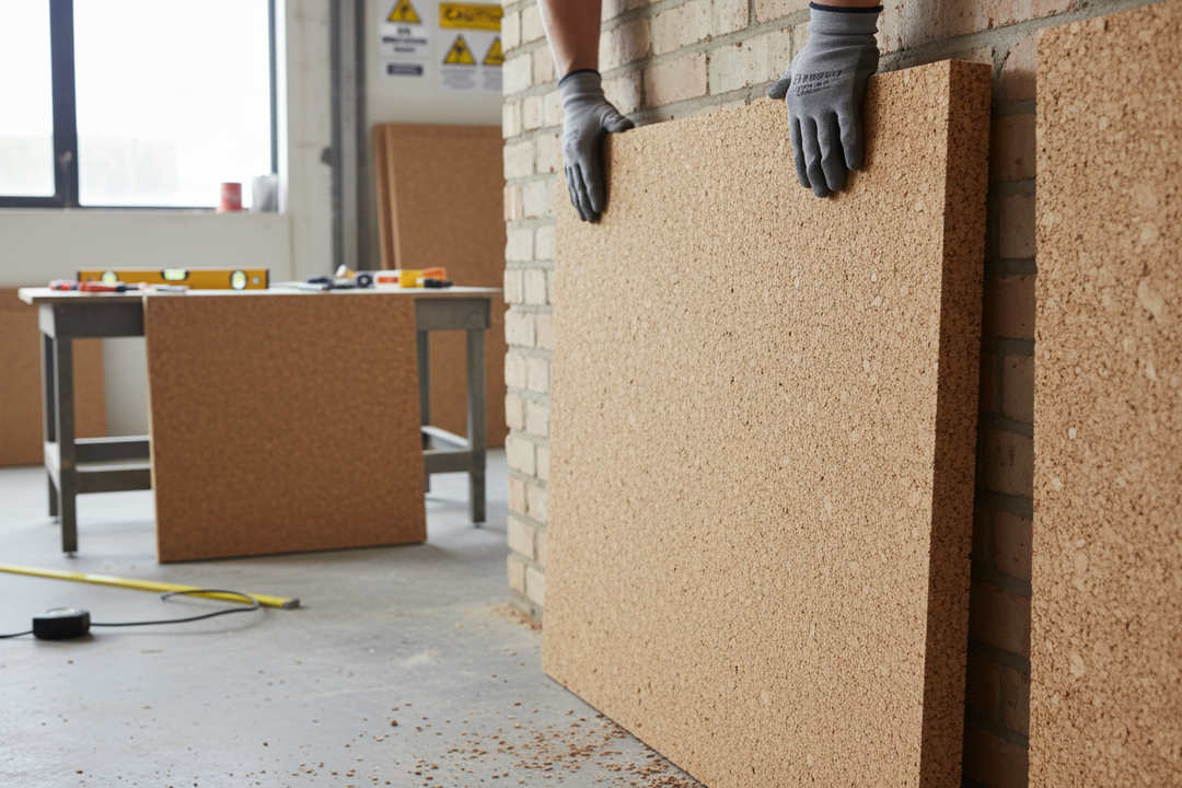 Hands fitting Premium Insulation Cork Board Sheets - 30 Pack, 1000mm x 500mm, 10mm Thick for 15m² Coverage, against a brick wall, showcasing soundproof and acoustic insulation properties in a workshop setting.