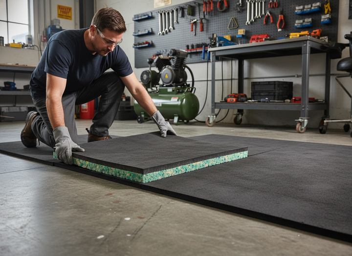 Man installing Premium 15mm Acoustic Sound Mat in workshop, showcasing its soundproof and vibration damping properties. Ideal for noise reduction and comfort underlay in various flooring applications.