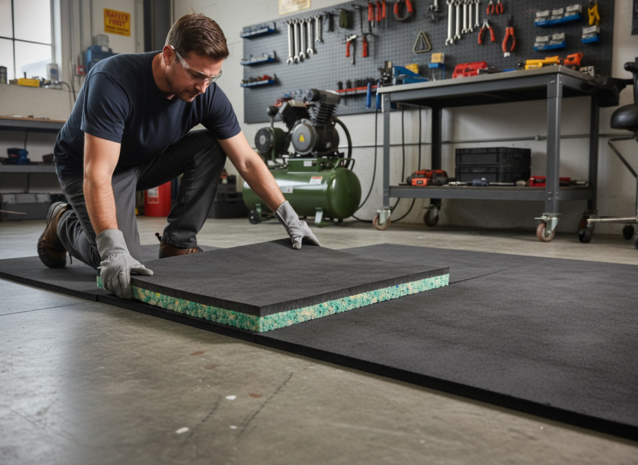 Man installing Premium 15mm Acoustic Sound Mat in workshop, showcasing its soundproof and vibration damping properties. Ideal for noise reduction and comfort underlay in various flooring applications.