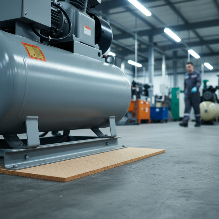 Premium Fine Grain Adhesive Cork Sheets 915mm x 610mm - 5mm Thick - Pack of 2, ideal for soundproofing. Shown on anti-vibration pad in workshop, emphasizing acoustic insulation and noise reduction.