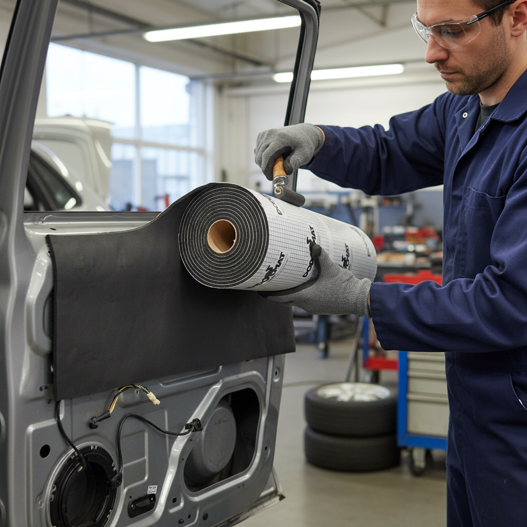 Technician applying Premium High-Performance Soundproofing and Insulation Mat - 7mm Thick with Butyl Rubber and Closed Cell Foam for Vehicle Floor and Boot Areas, using a roller tool inside a car door.