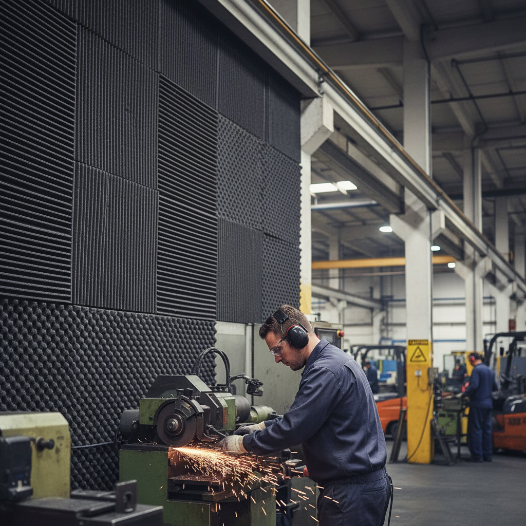 Worker using a bench grinder emits sparks, with large acoustic-foam panels in the background. Premium Noise-Absorbing Foamed Polyurethane Material 35mm Thick for In-Car Soundproofing ensures optimal sound insulation and noise reduction.