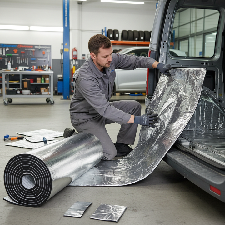 Man installing the Premium 10mm Sound and Heat Insulation Roll - High-Performance Closed Cell Foam for Vans, Campers, and Motorhomes, 5sq.m Coverage. Enhances acoustic insulation, soundproofing, and noise reduction in vehicle cargo areas.