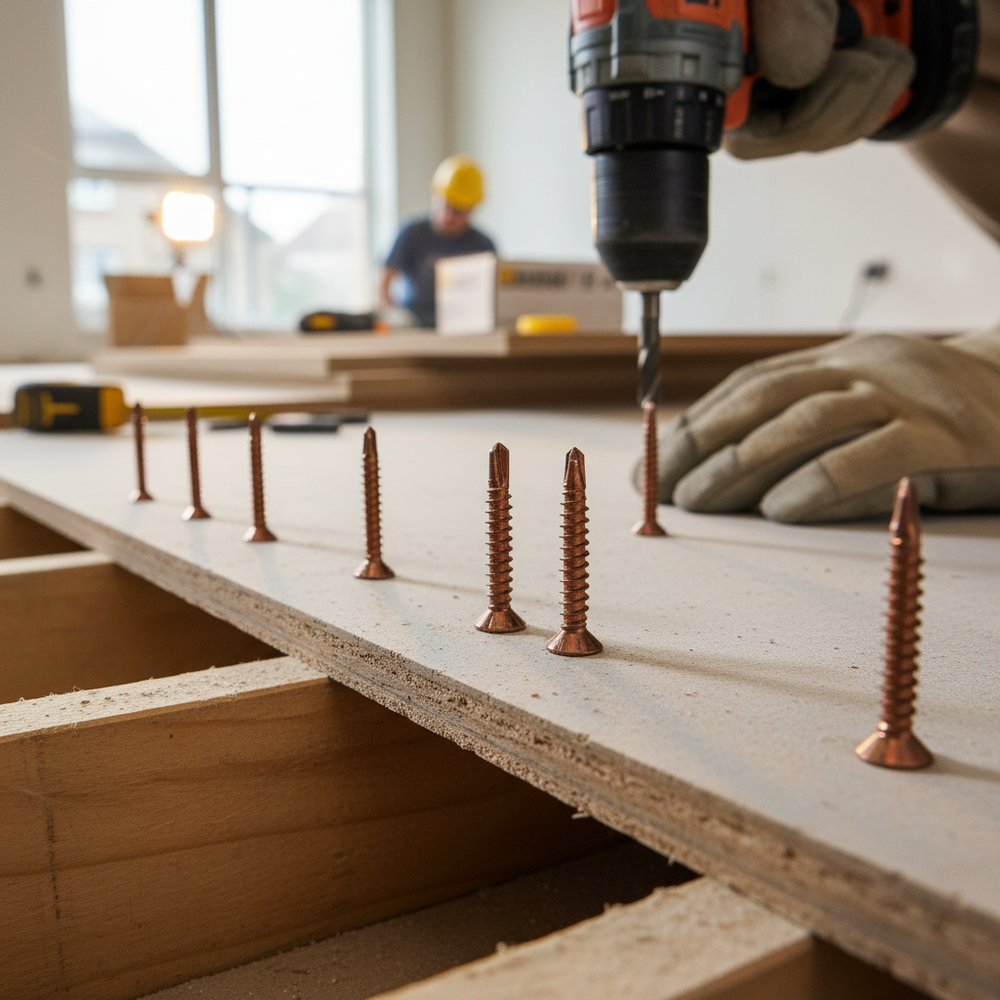 Worker using a cordless drill to install Premium Self-Drilling Floorboard Screws 38mm with Free Drill Bit - Box of 200 Galvanised Self-Countersinking Screws, ideal for soundproofing and acoustic projects.
