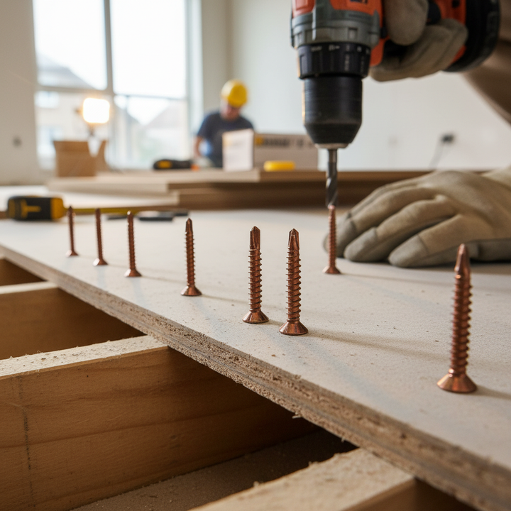 Worker using a cordless drill to install Premium Self-Drilling Floorboard Screws 38mm with Free Drill Bit - Box of 200 Galvanised Self-Countersinking Screws, ideal for soundproofing and acoustic projects.