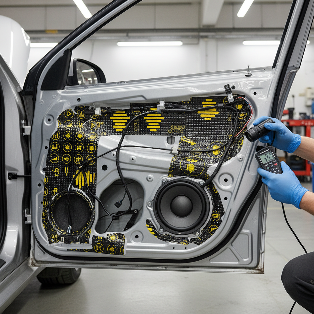 Technician inspects Premium 3mm Professional Deadening Mats on a car door's interior, showcasing soundproof acoustic insulation and vibration damping features, ideal for vehicle noise reduction.