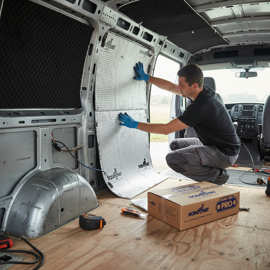 Man installing Premium Campervan Sound Deadening and Insulation Kit, using silver sound-deadening mat. Enhances acoustic comfort and noise reduction for vans, offering high-performance soundproofing and temperature regulation.