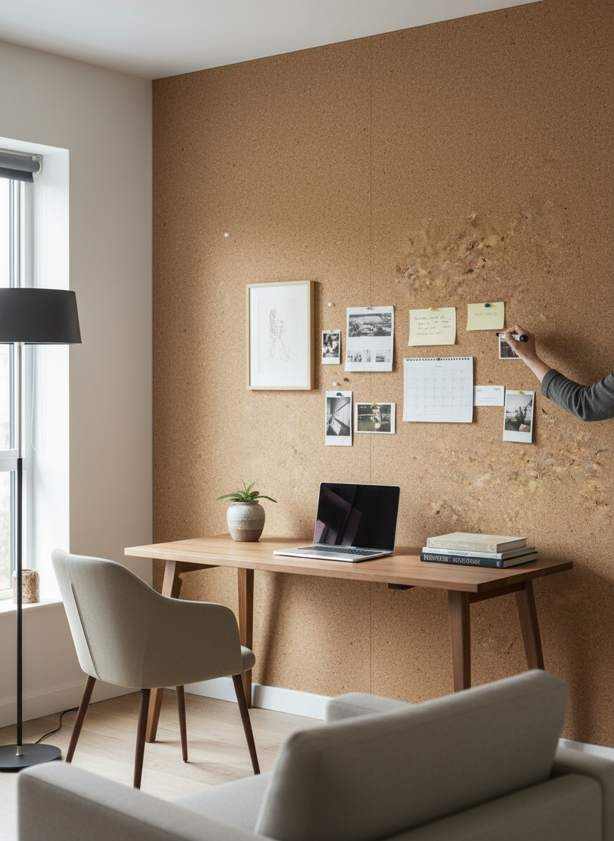 Premium Large Feature Wall Cork Roll showcased in a home-office nook, enhancing acoustic insulation with natural cork. Features include a wooden desk, laptop, snapshots, pinboard, and side chair, emphasizing soundproof and noise reduction qualities.