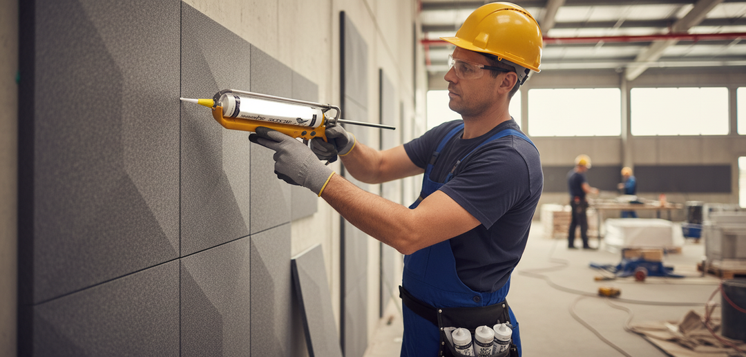Tradesman in an industrial space uses a Professional Clear Odourless Adhesive for Acoustic Panel Bonding - 300ml Cartridge, ensuring effective soundproofing and noise reduction with high coverage for optimal acoustic insulation.