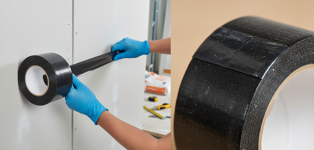 Premium Joint Tape 50mm x 50m - Heavy Duty Cloth Tape for Rubber Flooring Systems, showcased being applied to drywall, ideal for soundproofing and acoustic insulation in diverse environments, enhancing noise reduction and vibration damping.