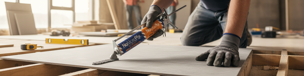 Worker using Premium Polyurethane Foil Adhesive 600ml - High Bond Strength for Board Installation to secure a floor panel. Nearby, a spirit level and tape measure suggest precise soundproofing work for acoustic efficiency.