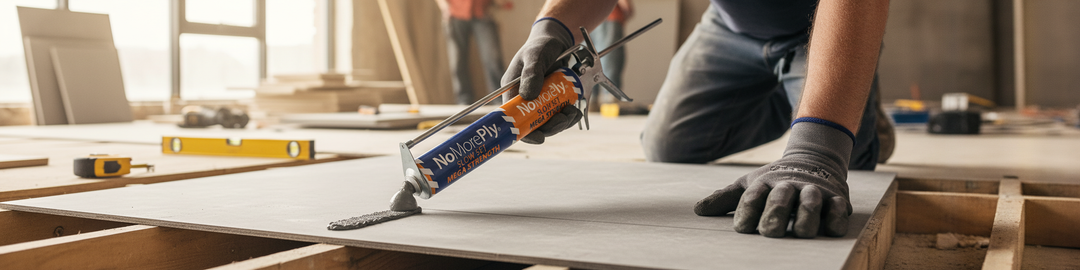 Worker using Premium Polyurethane Foil Adhesive 600ml - High Bond Strength for Board Installation to secure a floor panel. Nearby, a spirit level and tape measure suggest precise soundproofing work for acoustic efficiency.